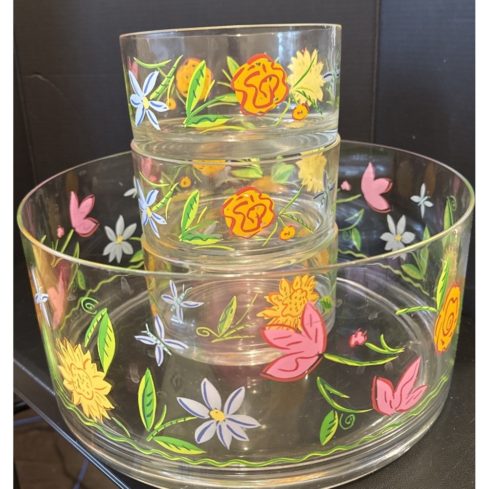 Dansk Clear Floral‎ Tropical Melamine Salad Serving Bowl With 3 Matching Bowls